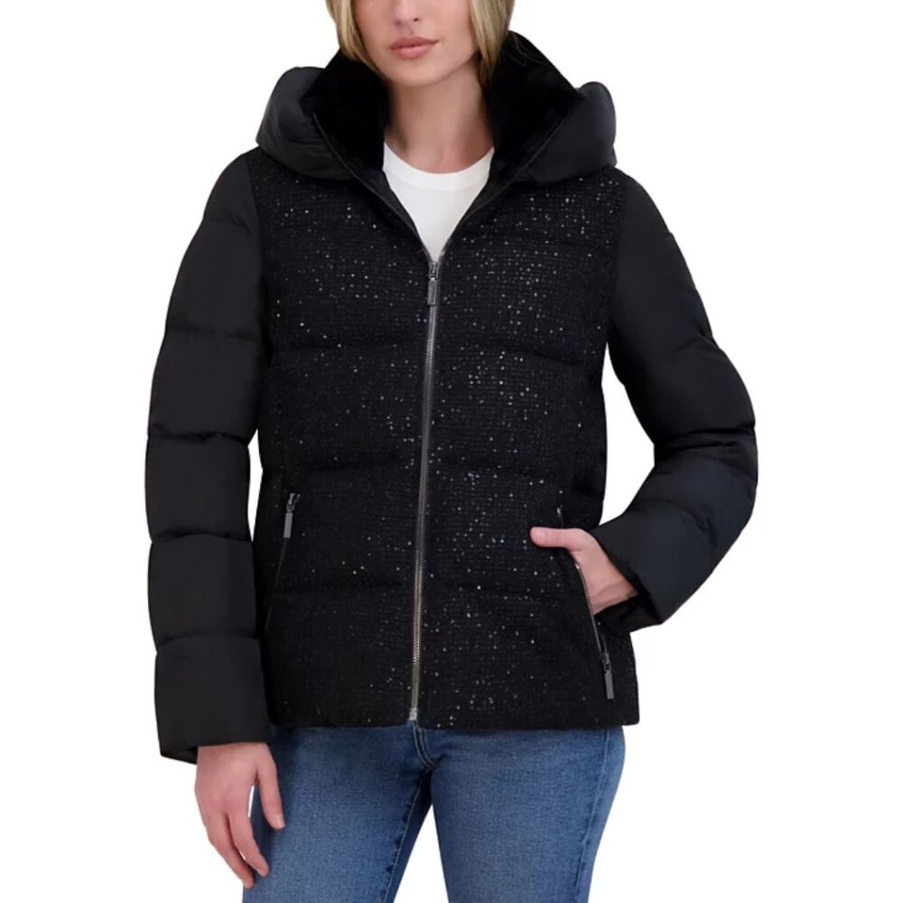 NWT Laundry by Shelli Segal Black Sparkle Hooded Puffer Coat Black Women's M